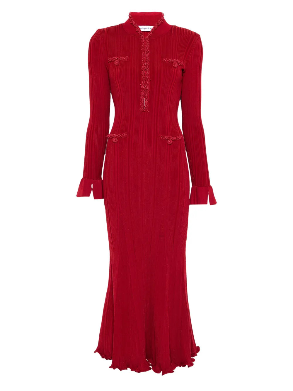 Self-Portrait beaded-trim ribbed midi dress - Red | Farfetch Global