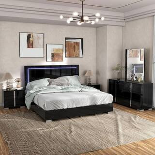 Mesala 5-Piece Piano Black Wood Frame King Panel Bedroom Set with LED Light on Headboard, Chrome Accents and Legs | The Home Depot