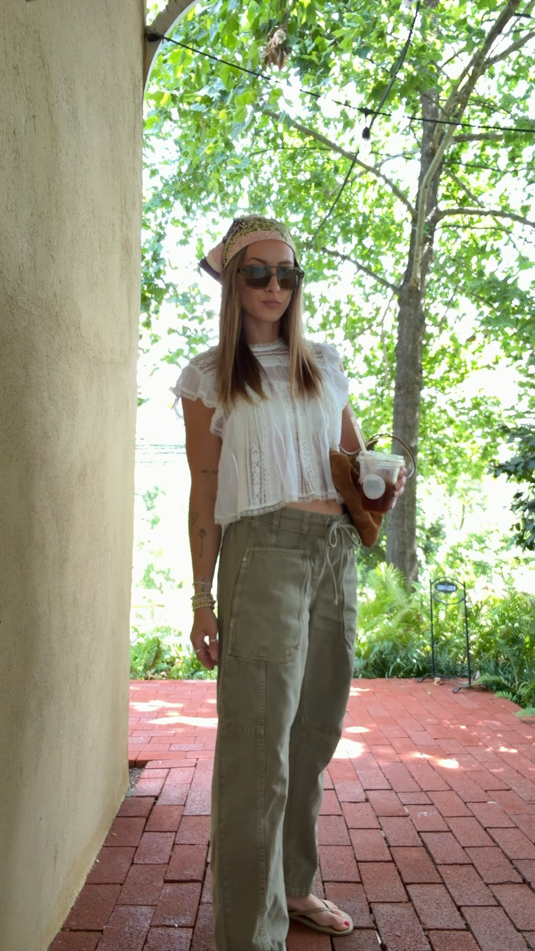 8/11/26 Summer-to-Fall Casual Outfit 🤎

Slowlyyyy starting to mix a little fall into my summer outfits. 🤎 Styled these olive green barrel pants with a feminine Free People lace top, Amazon bralette, my TKEES flip-flops I’ve worn nonstop all summer, Mango bandana, and J.Crew suede bag.

My pants were a TJ Maxx find from Scotch & Soda last year, so I sadly can’t link the exact pair, but I’ll link something similar! Sunglasses are VEHLA for reference. Such an easy, realistic transitional outfit that still works for these warmer August days. ✨

#LTKootd #LTKSeasonal