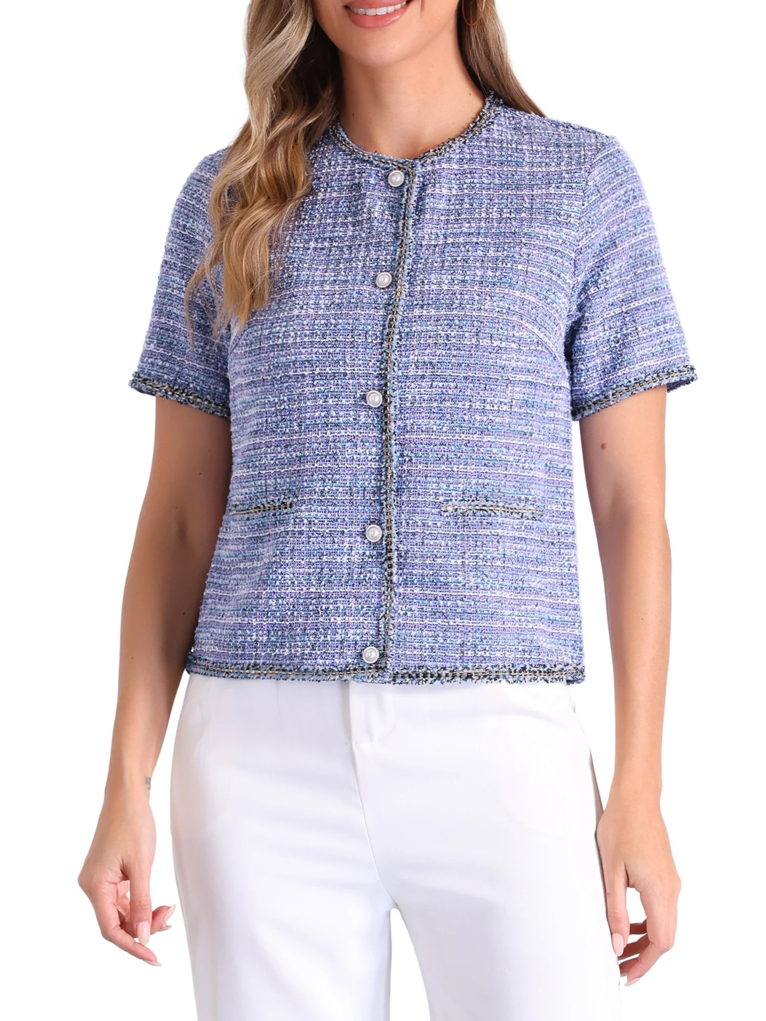 INSPIRE CHIC Tweed Jacket Top for Women's Round Neck Short Sleeve Vintage Blouse | Walmart (US)