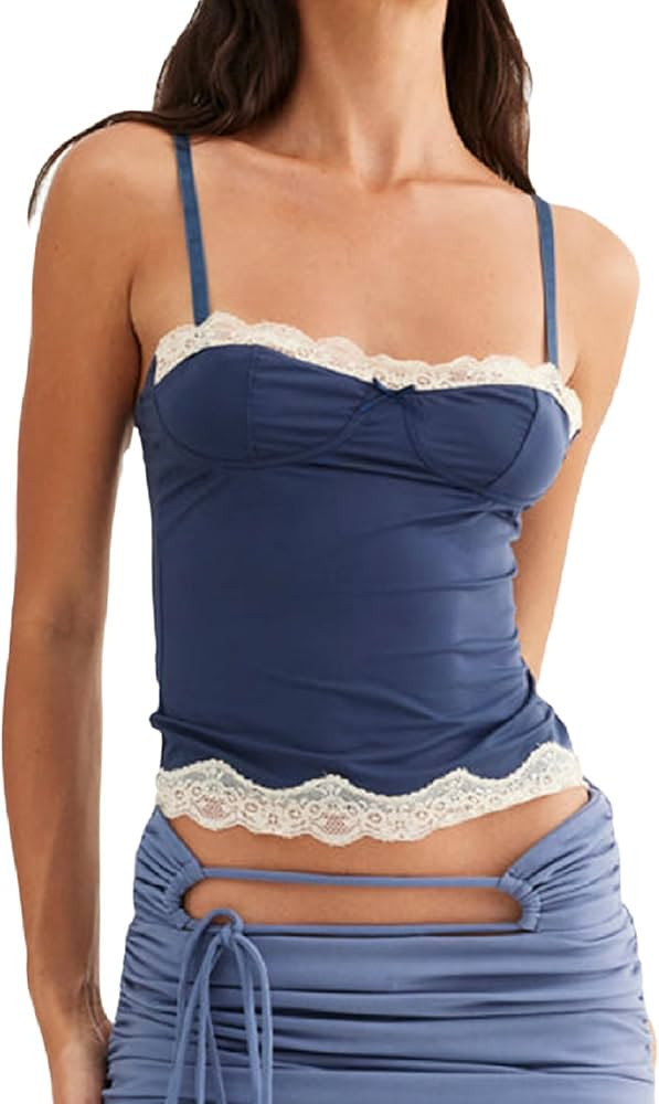 Y2k Lace Cami Crop Top for Women Sexy Backless Sleeveless Spaghetti Strap Camisoles Mesh Going Ou... | Amazon (US)