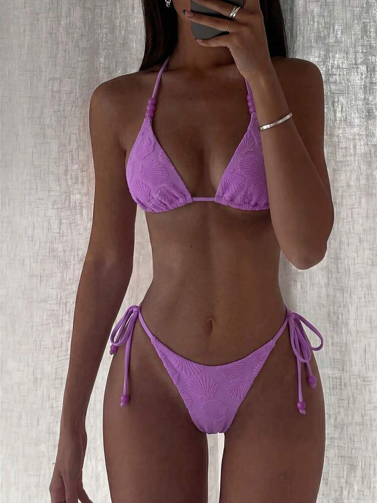 Costavie Zweiteiliges Bikini-Set Von Swim MOD, Lilafarbenes Triangel-Bikini-Oberteil Mit Muschelmuster Und Neckholder Sowie Bikinihose Mit Seitlichen Bindebändern, Damenbademode Für Sommer, Freizeit, Strand, Urlaub Und Ferien | SHEIN