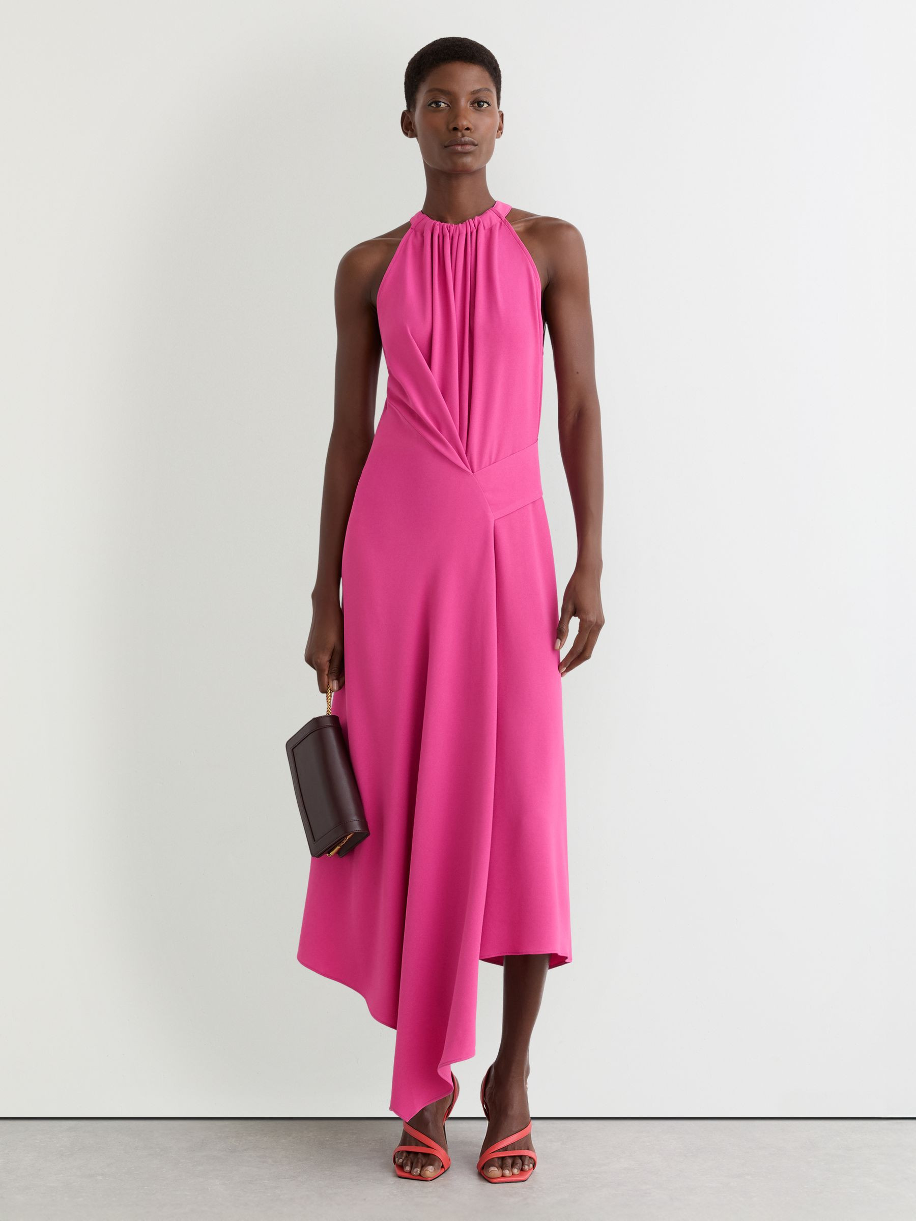 Drape-Detail Sleeveless Midi Dress in Raspberry Pink | Reiss UK