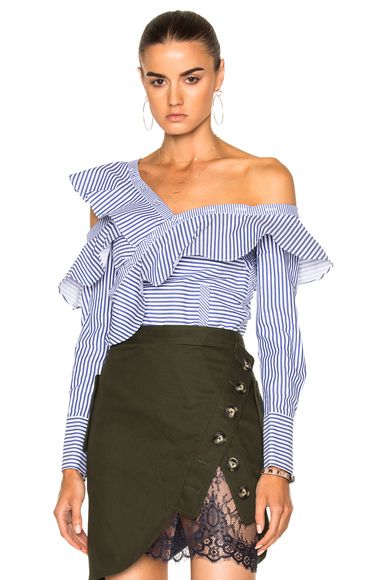self-portrait Striped Frill Shirt in Blue, Stripes, White. - size 0 (also in 2,4,6,8) | FORWARD by elyse walker