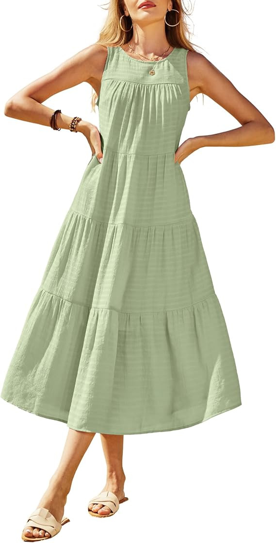 Newshows Women's 2024 Summer Midi Dresses Sleeveless Crewneck Beach Boho Casual Loose Long Flowy ... | Amazon (US)