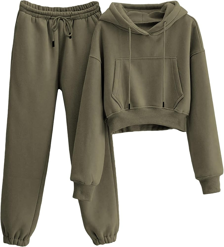 LTSCNRM Women's 2 Piece Airport Outfits Fleece Crop Hoodies Pullover Sweatshirt Sweatsuits Jogger... | Amazon (US)