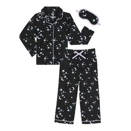 Wonder Nation Girls Button Front Long Sleeve Top & Pant Pajama Set with an Eyemask, 3-Piece, Sizes 4-18 & Plus | Walmart (US)