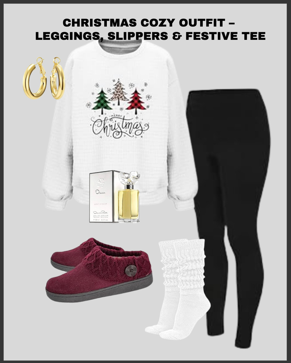 Cozy Christmas vibes—festive sweatshirt, black leggings, scrunched socks, and burgundy slippers. Cute, comfy, and perfect for the season.#ChristmasOutfit #HolidayLoungeWear #CozyChristmas #AmazonFashion #LTKHoliday #WinterCozyStyle #HolidayAesthetic #ChristmasPajamasVibes 

 #LTKgrwm #LTKootd #LTKTravel