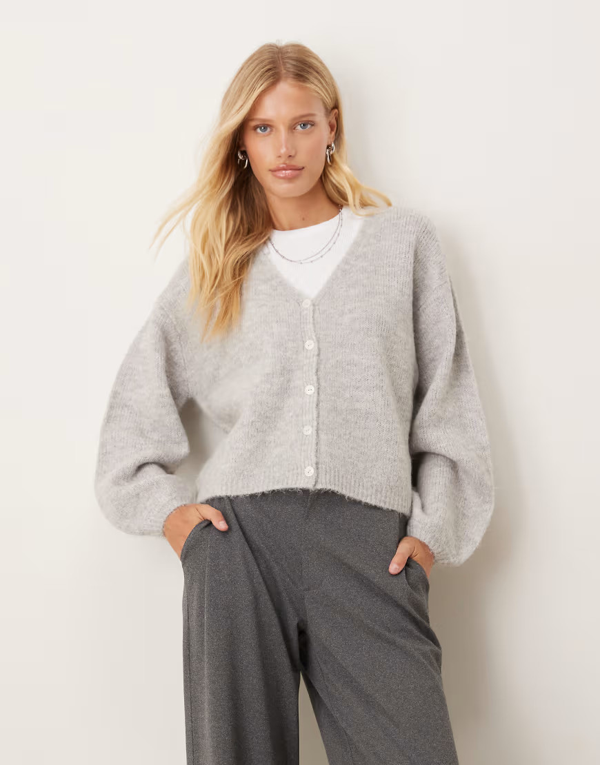 Gina Tricot v neck knit wool alpaca cardigan in light gray melange | ASOS (Global)