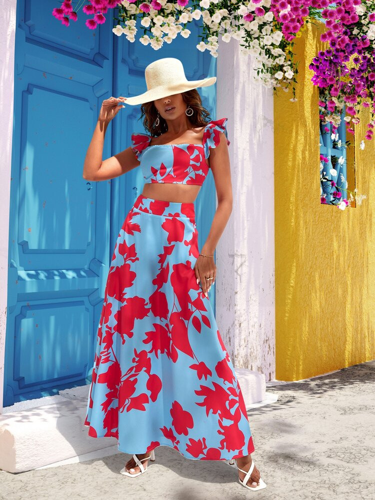 Floral Print Flutter Sleeve Crop Top & Skirt | SHEIN
