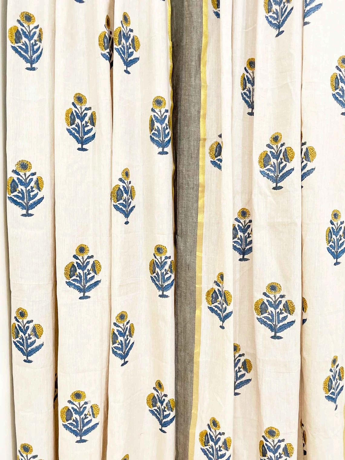 Mustard + Blue Poppy Flower Hand Block Printed Cotton Curtain Panels, Organic Cotton Drapes, Livi... | Etsy (US)