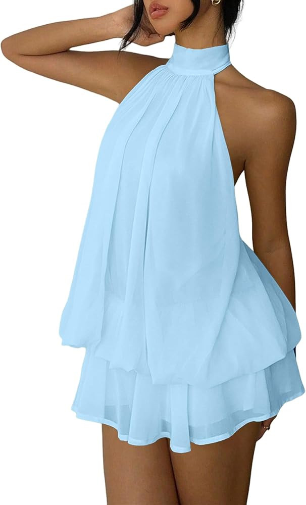 Women's Chiffon Halter Drop Waist Mini Dress Wedding Guest Dresses Ruffle Formal Club Holiday Bru... | Amazon (US)