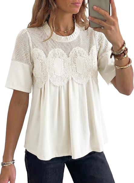 Dokotoo Women's Lace Blouse Flared Short Sleeve Embroidered Mesh Shirts | Babydoll Shirts,Flowy B... | Amazon (US)