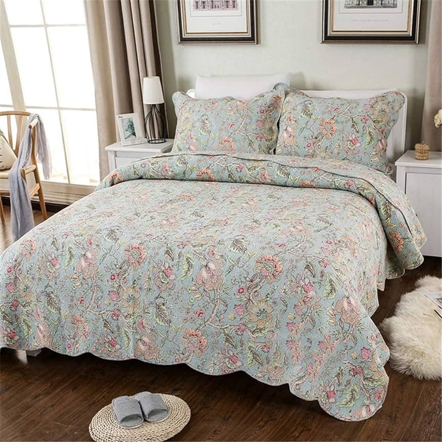 3 Piece Poly Cotton Floral Embroidered Comforter Throw Bedding Hypoallergenic Vintage Style Light... | Amazon (US)