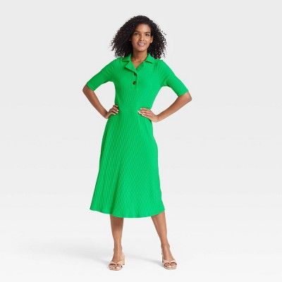 Women&#39;s Elbow Sleeve Polo Rib Dress - Who What Wear&#8482; Green S | Target