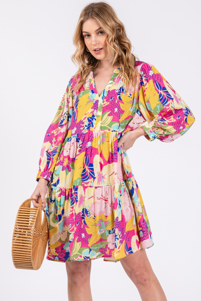 Fuchsia Multicolor Floral 3/4 Length Sleeve Dress | PinkBlush Maternity