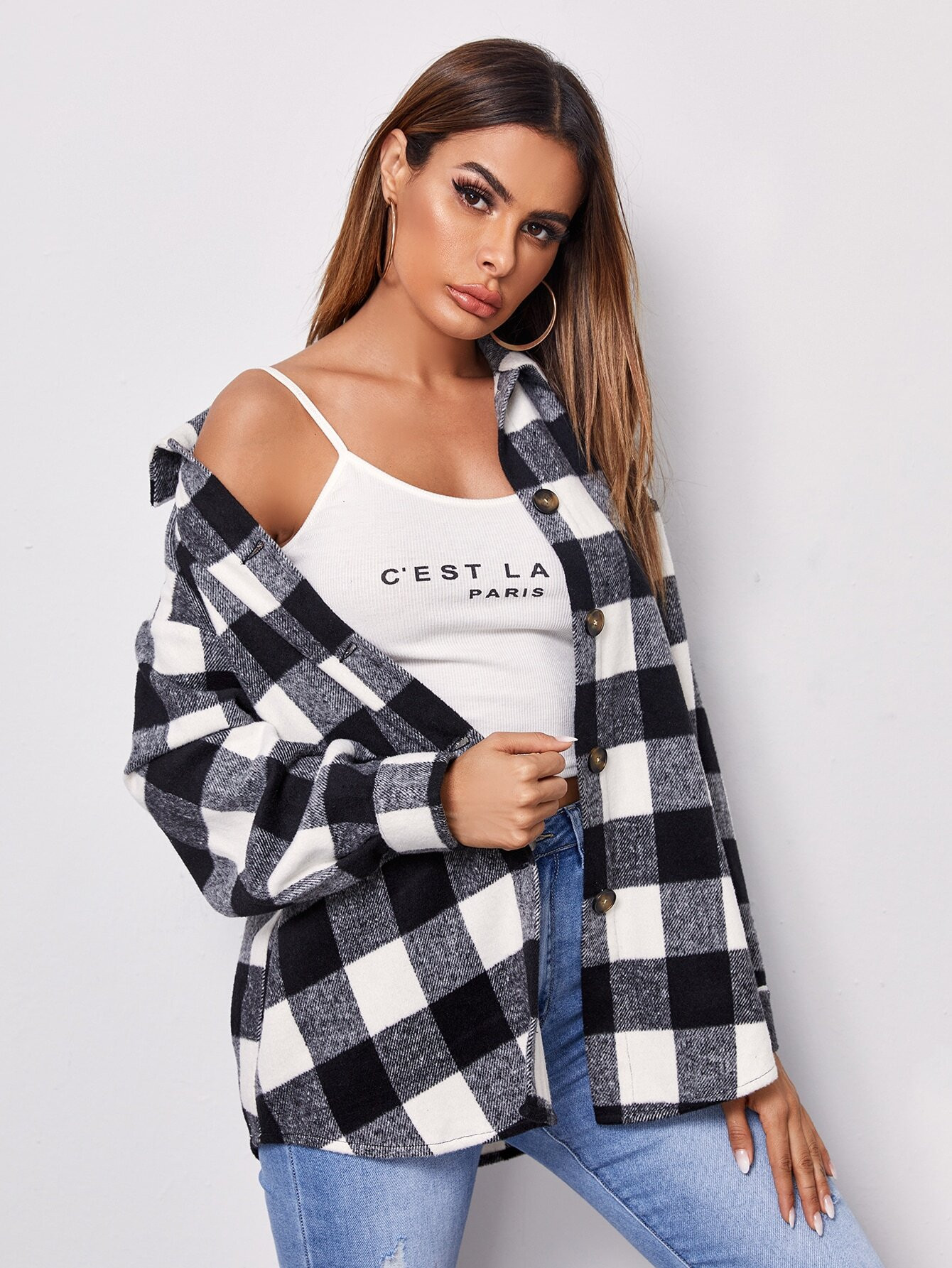 SHEIN Drop Shoulder Curved Hem Buffalo Plaid Coat | SHEIN