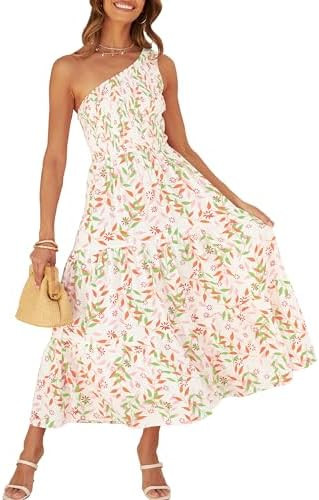 ZESICA Womens Summer Floral One Shoulder Midi Dresses | Sleeveless Long Dress, Ruffle Tiered, Fas... | Amazon (US)