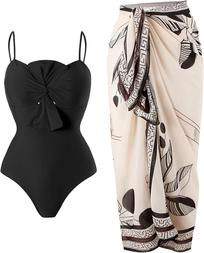 One Piece Swimsuit Women with Cover Up Set Retro Bathing Suit for Women Tummy Control Beach Wrap ... | Amazon (US)