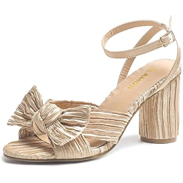 Athlefit Women's Open Toe Chunky Heels Pleated Bow Ankle Strap Heeled Sandals Wedding Bridal Shoes | Amazon (US)