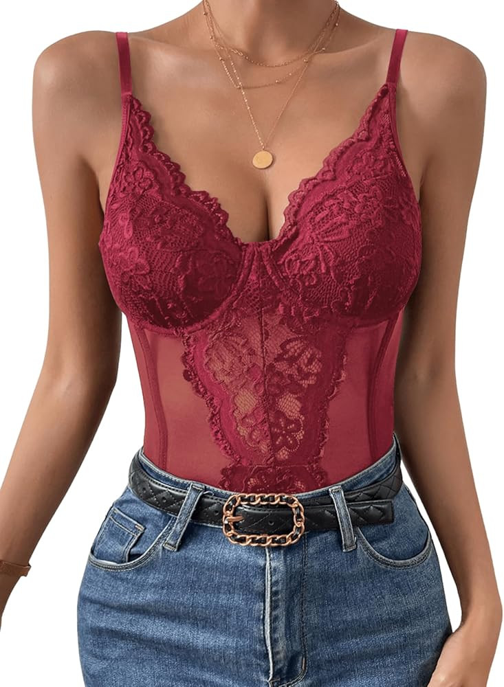 Milumia Women Lace Bodysuits Sheer Mesh Shapewear Bustier Tops Corsets Trendy Going Out Cami Tank... | Amazon (US)