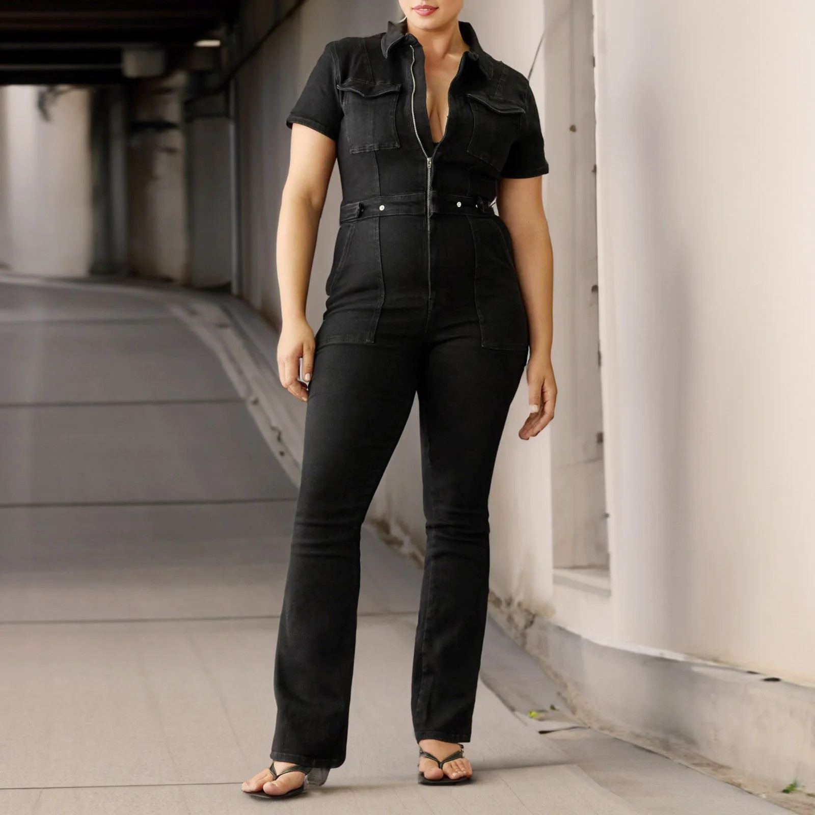 SENDKEEL New Fashion Jumpsuit Denim Short-sleeved V-neck Jumpsuit Jumpsuit For Women | Walmart (US)