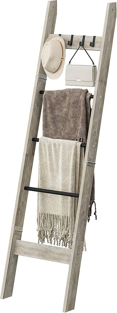 Blanket Ladder Shelf for Living Room, Decorative Wood Quilt Rack with 4 Removable Hooks, 5-Tier F... | Amazon (US)