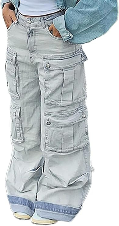 Vaceky Women's Cargo Jeans Y2K Grunge Aesthetics Straight Leg Baggy Denim Pants with Pockets | Amazon (US)