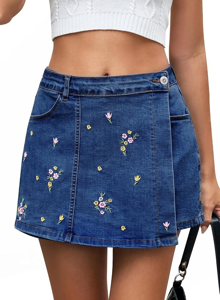 Sidefeel Womens Jean Skirts Floral Mini Embroidered Wrap Denim Skort | Amazon (US)