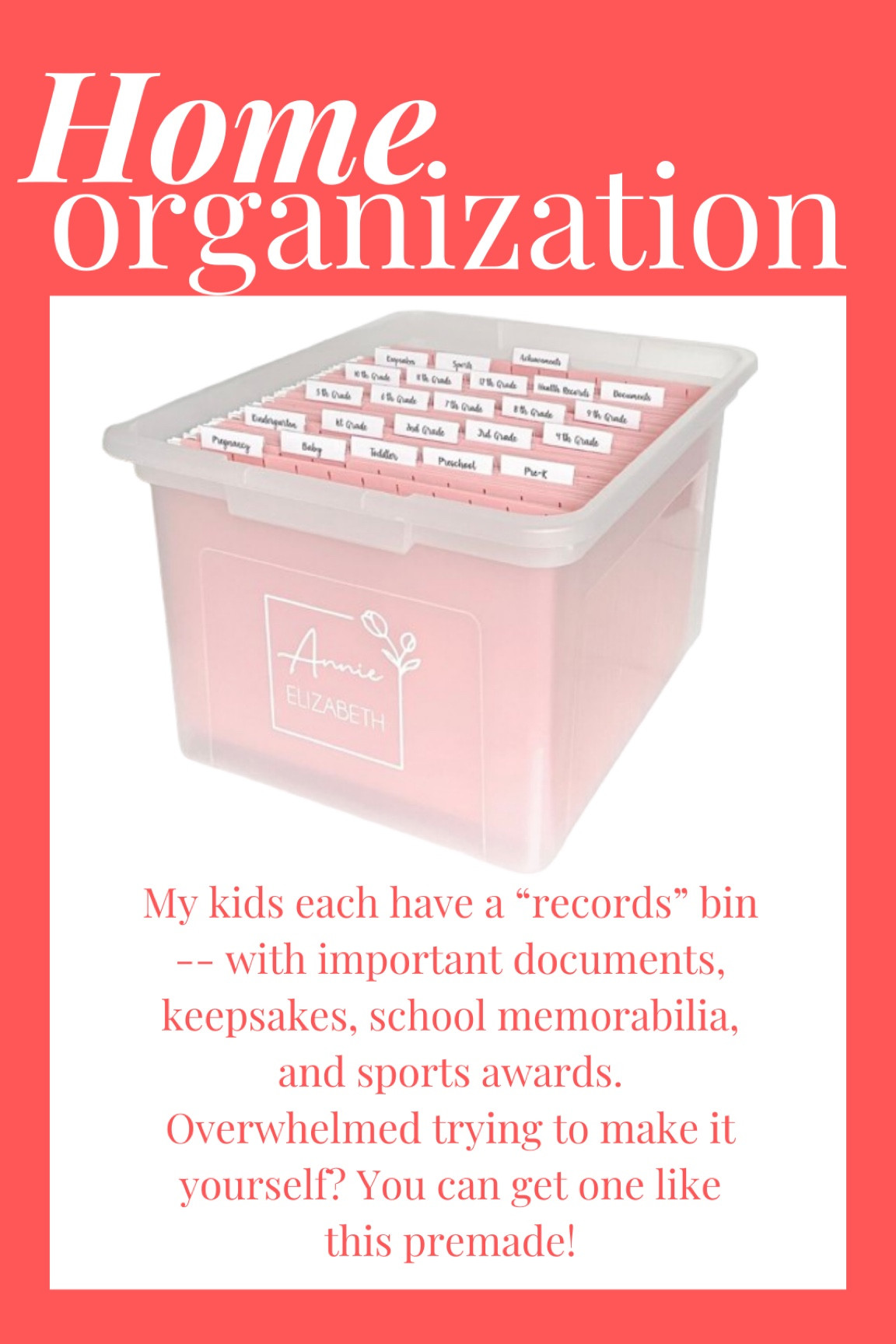 School memory bin, record bin, important paperwork organization, medical records, school, sports, sacraments, etc. 

#LTKkids #LTKhome #LTKfamily