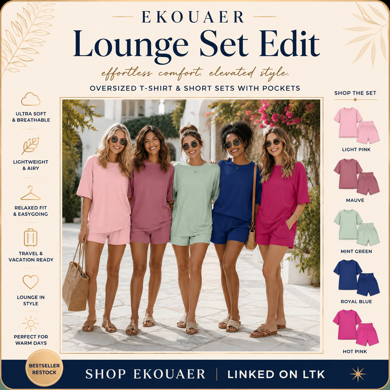 EKOUAER Summer Chic | Two Piece Oversized Tee & Shorts Loungewear Sets with Pockets (!!)

Soft oversized sets that make summer outfits feel relaxed, comfy, and instantly pulled together ☀️ 

These Ekouaer two piece short sets are such good Amazon fashion finds if you want something easy enough to lounge in but cute enough to wear out.

The oversized T-shirt, matching shorts, functional pockets, lightweight feel, and relaxed fit make them perfect for warm days when you want comfort without looking sloppy.

What I love about these is that they give “throw it on and go” energy!!

They’re perfect for travel days, airport outfits, beach mornings, vacation packing, coffee runs, errands, resort lounging, casual weekends, and everyday summer plans.

The colors make this edit extra fun to shop — light pink feels soft, mauve feels pretty, mint green feels fresh, royal blue feels bold, and hot pink gives that bright summer statement.

Style them with slides, white sneakers, raffia bags, sunglasses, gold jewelry, or a beach tote for an easy off-duty summer look.

This is the kind of set that closes because it solves the warm-weather outfit problem fast: 
matching, breathable, comfy, pocket-friendly, packable, and easy to wear on repeat.

I did the digging for you — if you want an Amazon lounge set that feels soft, flattering, travel-ready, and actually useful for summer, these Ekouaer sets are the ones I’d check before sizes and colors start moving.

📌 SAVE this for airport outfits, vacation packing, and easy Amazon summer sets.

↓ Everything is linked!

#LTKActive #LTKSaleAlert #LTKTravel