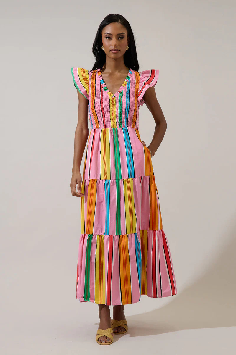 Viya Stripe Sunfire Tiered Midi Dress | Sugarlips