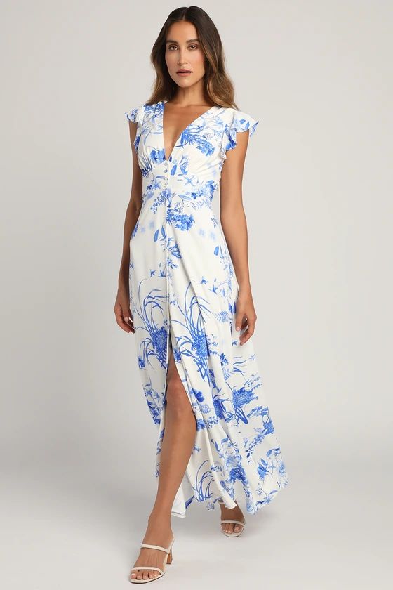 Botanical Bliss White Floral Print Flutter Sleeve Maxi Dress | Lulus (US)