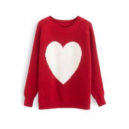 One Heart Rib Knit Oversized Sweater in Red | Chicwish