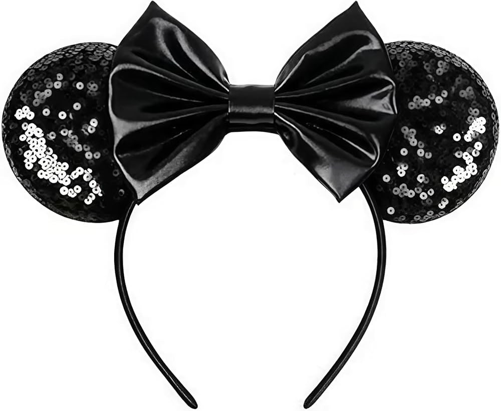 Mouse Ears Headband - Black Satin Bow Hair Accessory with Sparkle Sequins for Theme Parties, Fest... | Amazon (US)