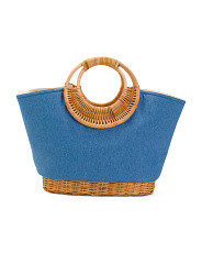 Denim And Rattan Tote With Dual Woven Carry Handles | Marshalls
