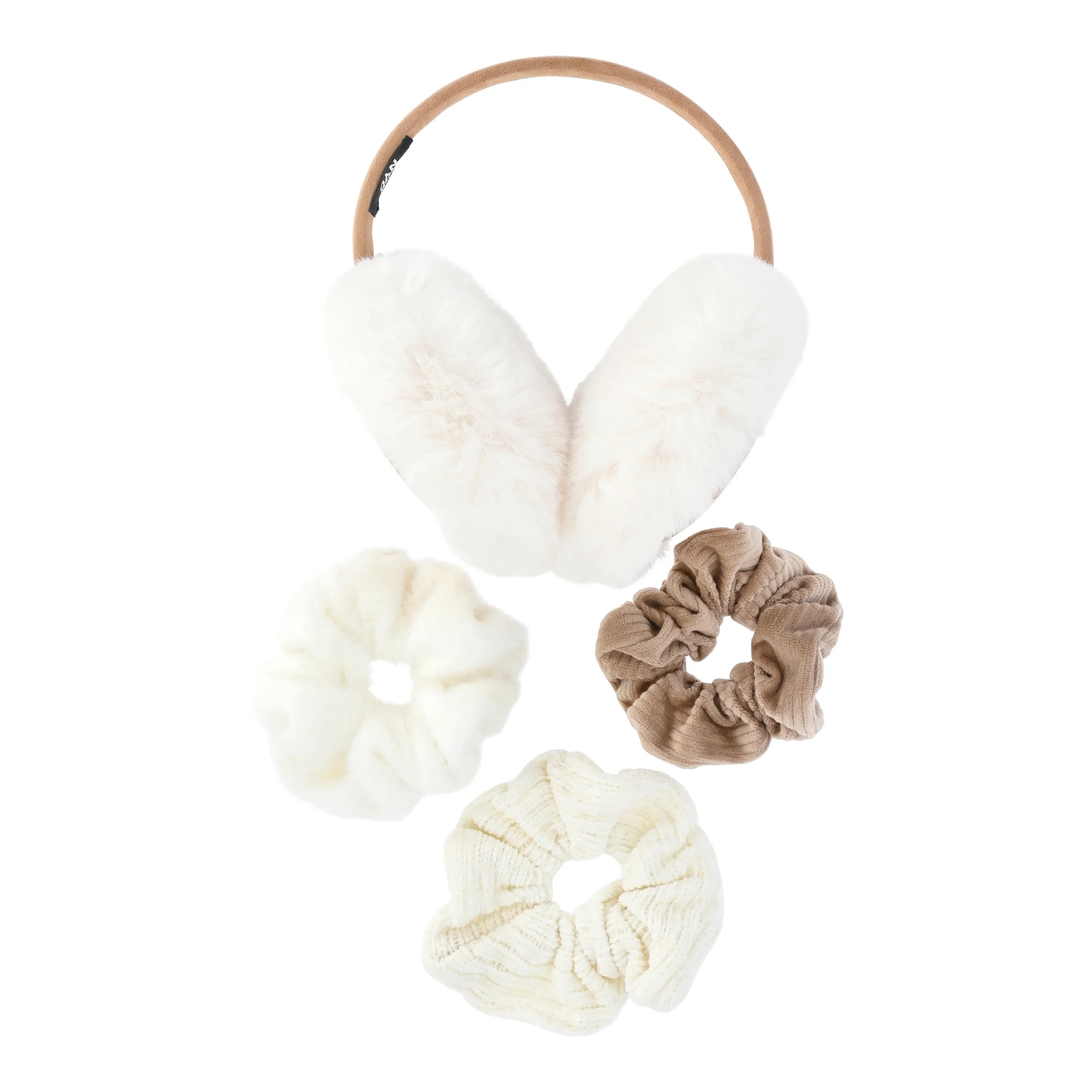 Madden NYC Women's Faux Suede Ear Muffs and Hair Scrunchy Set, 4-Piece, Tan | Walmart (US)