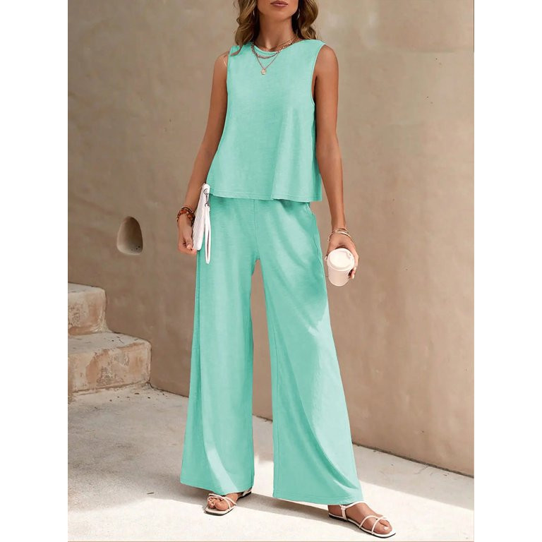 MOSHU Two Piece Lounge Sets for Women Loose Fit Tank Tops and Wide Leg Pants with Pockets Solid S... | Walmart (US)