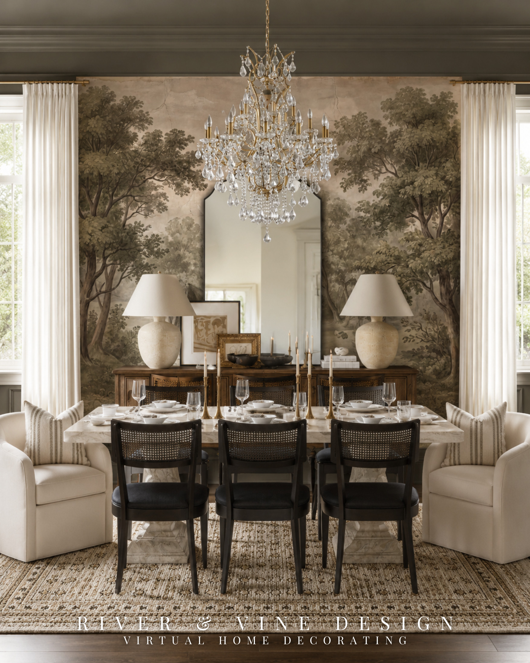 A dining room can feel “decorated” but still fall flat if everything is the same scale. The fix is contrast: a large-scale scenic mural, a statement chandelier, tailored curtains, sculptural lamps, and darker dining chairs to ground all the lighter pieces.

Classic dining room, scenic wallpaper, crystal chandelier, marble dining table, cane dining chairs, pleated curtains, vintage-inspired rug, and collected neutral decor.

Save this if you’re trying to make a dining room feel layered, timeless, and expensive without it feeling overly formal.

Disclosure: I may receive a small commission from purchases made through my links, at no additional cost to you. 

 #LTKHome