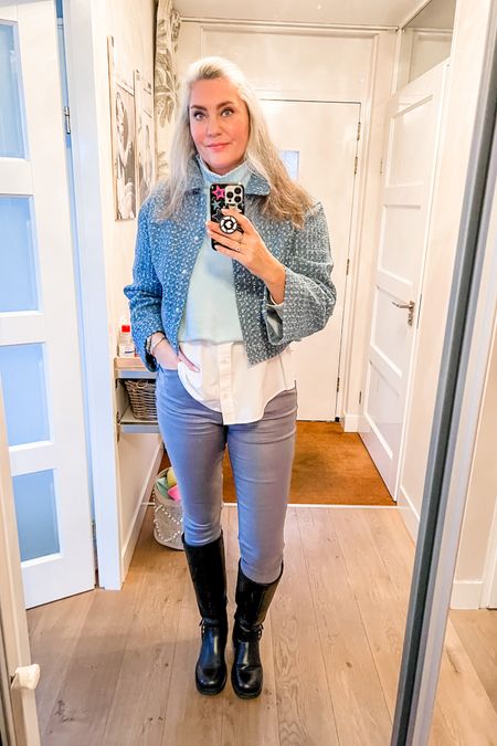 Ootd - Monday. White buttondown shirt, grey coated skinny jeans, tall biker boots (van Haren), cropped sweater (local boutique), sequined denim jacket. 

Only Uniqlo lts long tall sally 



#LTKover40 #LTKeurope #LTKworkwear