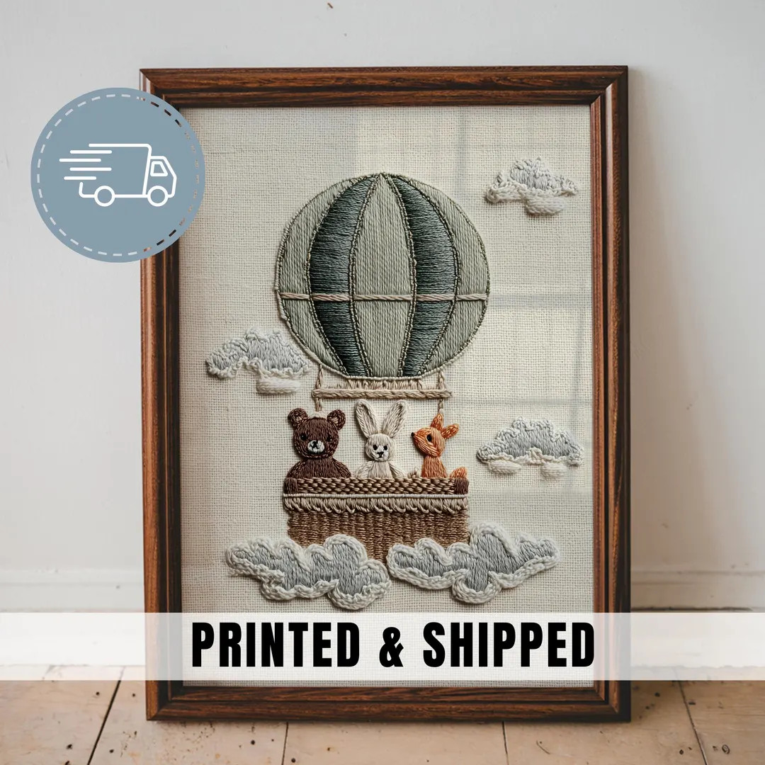 Hot Air Balloon Nursery Print Green Art Animals Kids Room Print Bear Bunny Fox Soft Vintage Texti... | Etsy (US)