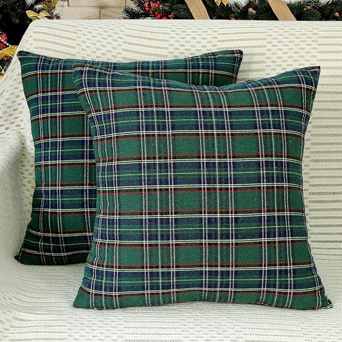 4TH Emotion Set of 2 Christmas Scottish Tartan Plaid Throw Pillow Covers Cushion Case Polyester f... | Amazon (US)