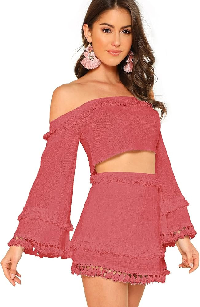 SheIn Women's 2 Piece Outfit Fringe Trim Crop Top Skirt Set | Amazon (US)