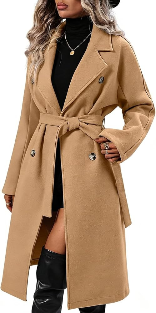 Womens Long Wool Coats Trendy Lapel Collar Double Breasted Fall Winter Trench Coat with Belt | Amazon (US)