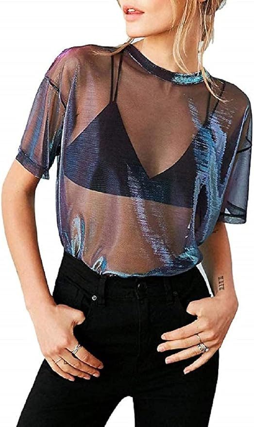 CERYIWER Womens See Through Shirts Short Sleeve Sexy Mesh Metallic Shiny Tops | Amazon (US)