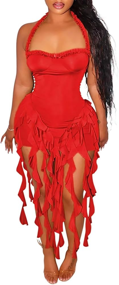 Aro Lora Womens Sexy Halter Neck Sleeveless Ruffle Tassel Party Club Bodycon Mini Dress | Amazon (US)
