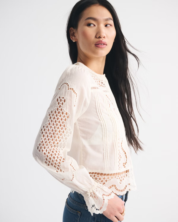 Women's Long-Sleeve Eyelet Lace-Trim Top | Women's Abercrombie x Kemo Sabe | Abercrombie.com | Abercrombie & Fitch (UK)