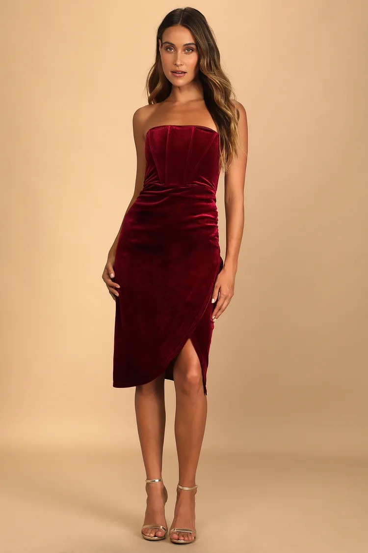 Glamorous Celebrations Wine Red Velvet Strapless Tulip Dress | Lulus (US)