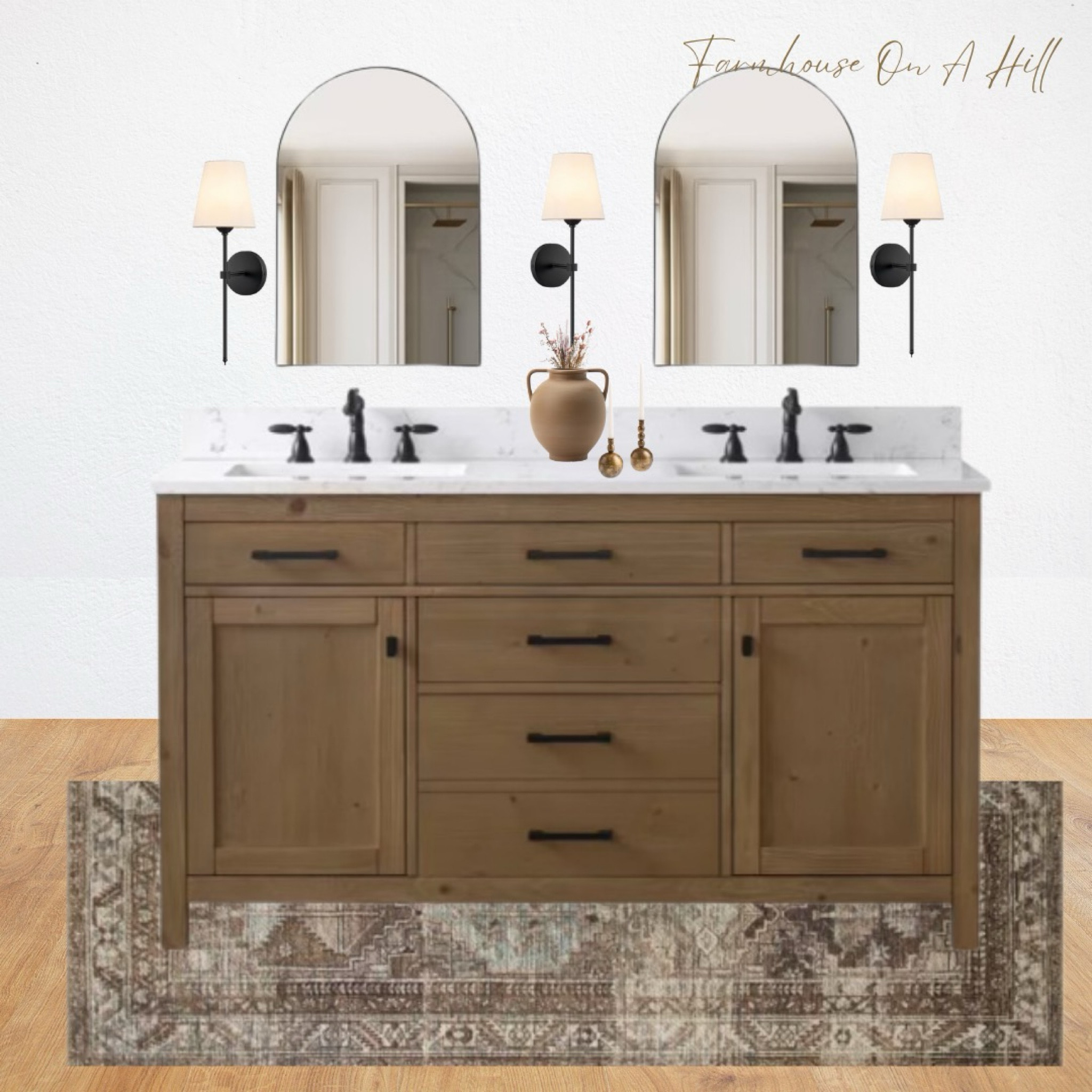 Transform your bathroom into a serene  retreat with this stunning design! The rustic wooden vanity, paired with black hardware and sleek marble countertops, creates the perfect blend of modern and farmhouse styles. Two elegant arched mirrors bring a touch of sophistication, while the black wall sconces provide warm, ambient lighting. The vintage-inspired rug adds texture and warmth, tying the entire space together. A minimalistic vase with neutral accents completes the look, adding a charming touch. Shop this cozy and timeless  bathroom design today!