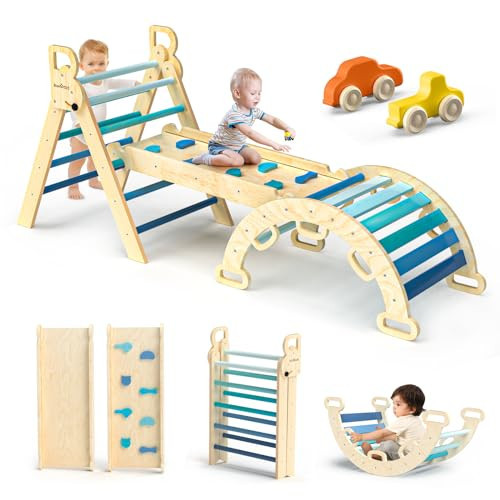 BlueWood Pikler Triangle Set 7in1 Foldable Baby Climbing Toys Wooden Montessori Climbing Set with Arch&Ramp&Ladder Baby Climber Indoor Jungle Gyms for Toddlers Montessori Toys - Sky Blue | Amazon (US)